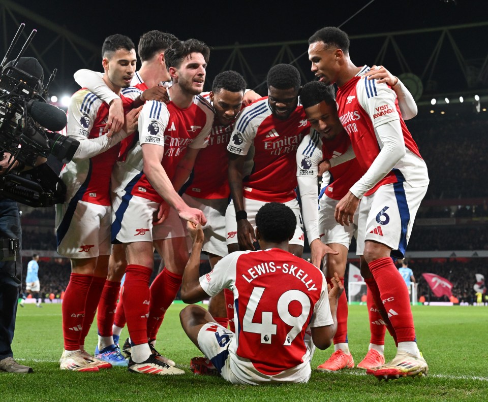 Arsenal players celebrating a goal.