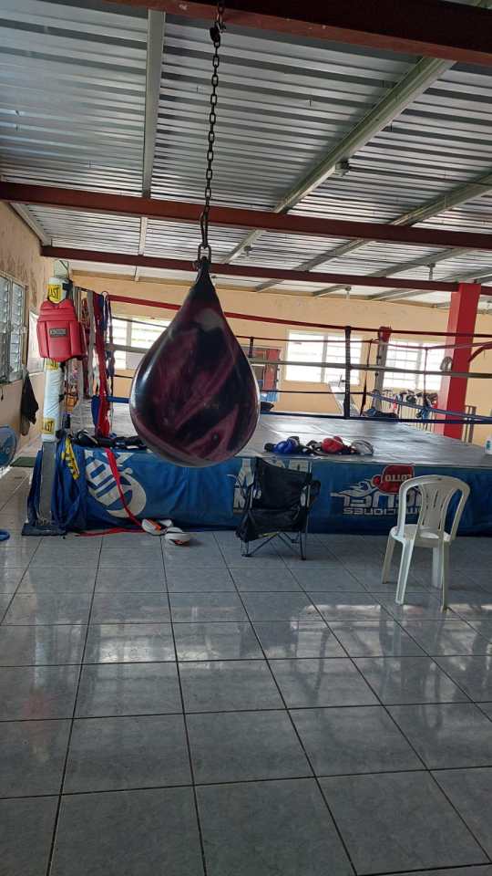 Boxing gym with teardrop-shaped punching bag.