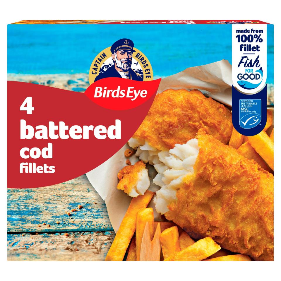 Birds Eye battered cod fillets with fries.