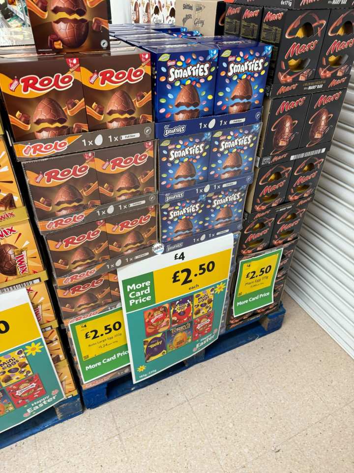 Supermarket display of discounted Easter eggs.