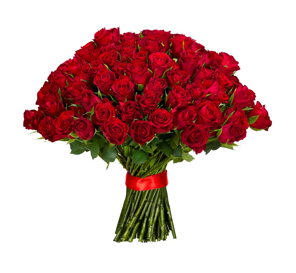 Large bouquet of red roses tied with a red ribbon.