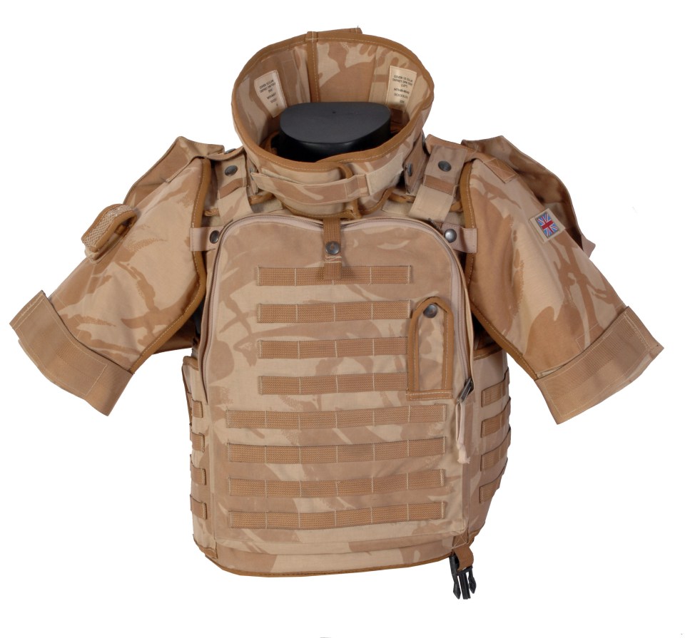 British Osprey body armor with neck and shoulder protection.