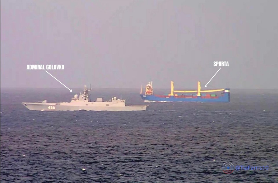 Photo of Russian ships Admiral Golovko and Sparta at sea.