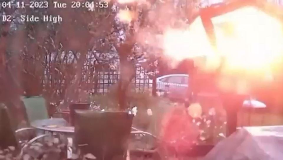 Video still of a firework exploding near a birdhouse.