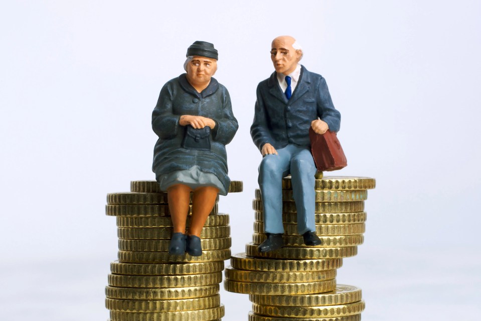 Elderly figurines sitting atop stacks of coins.