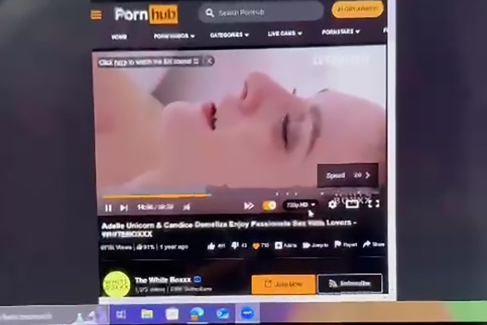 Laptop screen showing Pornhub playing during an online meeting.