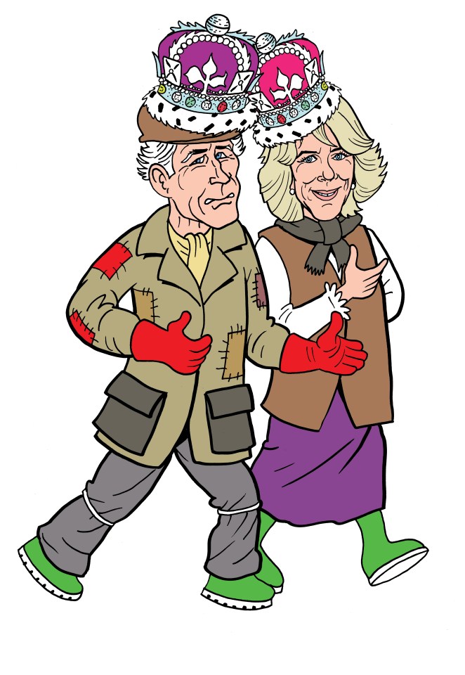 Illustration of King Charles III and Camilla, Queen Consort, wearing crowns and ragged clothing.