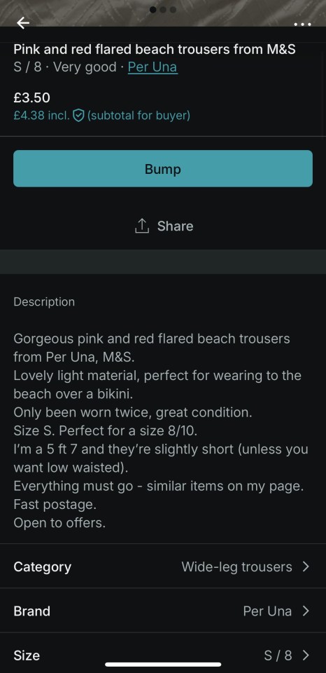 Vinted listing for pink and red flared beach trousers.