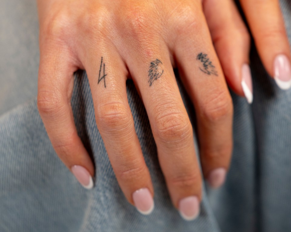 Close-up of a hand with small tattoos on the fingers.