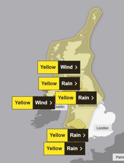 Map of Britain with yellow weather warnings for wind and rain.