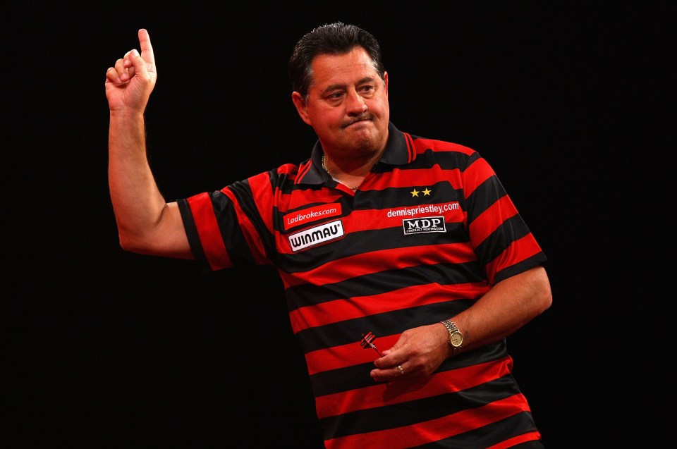 Dennis Priestley celebrating during a darts match.