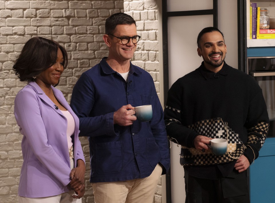 Diane Parish, Scott Maslen, and Aaron Thiara on a TV show.