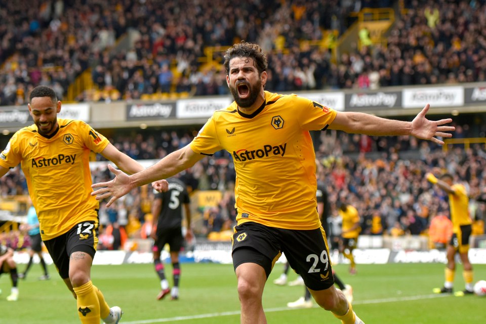 Diego Costa of Wolverhampton Wanderers celebrating a goal.