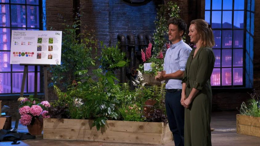 Dig co-founders presenting a raised garden bed on Dragons Den.