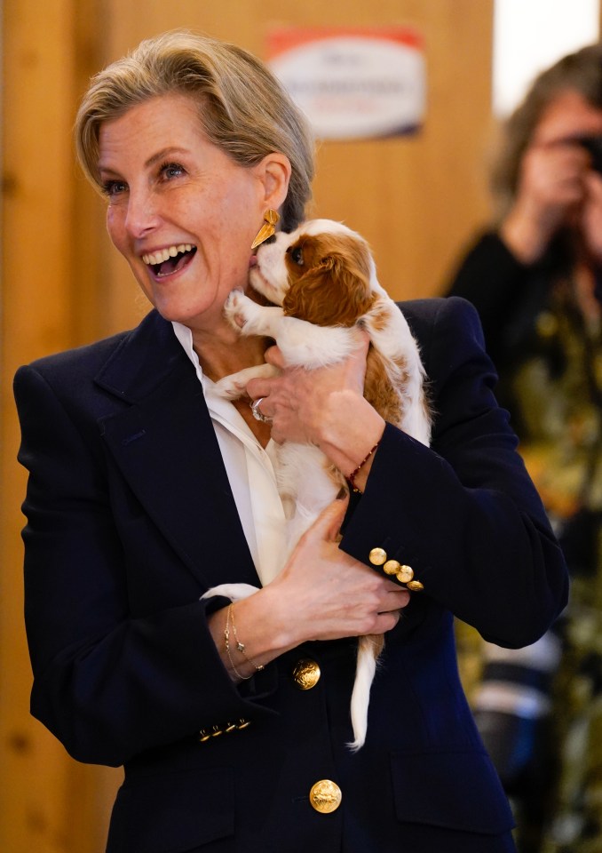 The Duchess of Edinburgh holding a Cavalier King Charles Spaniel puppy.