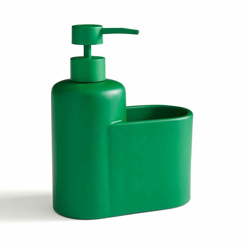 Green soap dispenser with caddy.