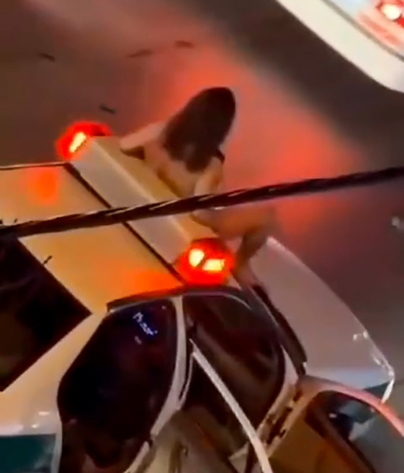 Video of a naked woman on top of a police car.