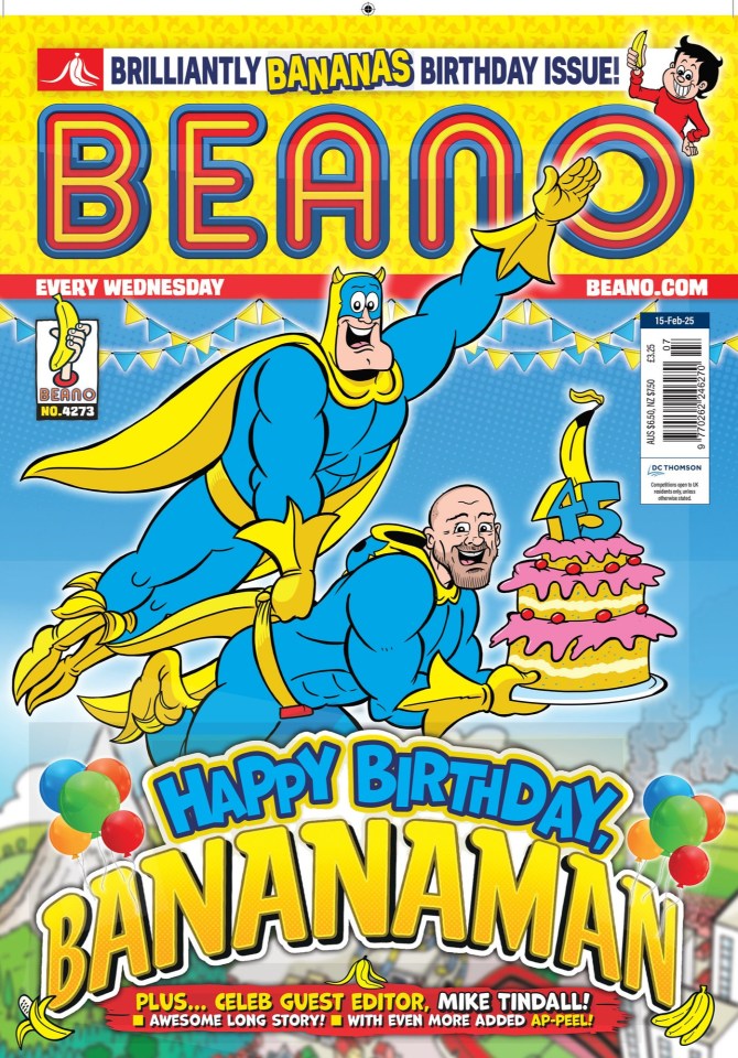 Beano comic cover featuring Bananaman and Mike Tindall.