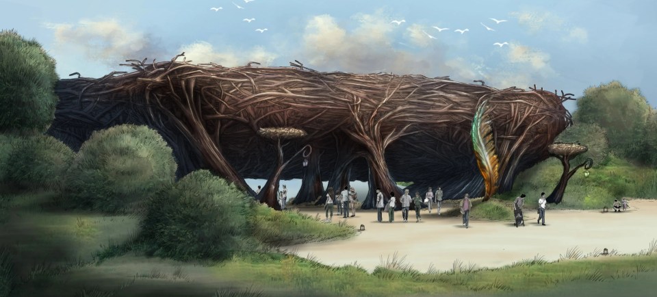 Illustration of a large nest-like structure with people standing underneath.