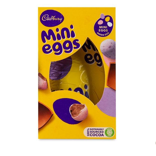 Cadbury Mini Eggs package showing a large chocolate egg with smaller eggs inside.