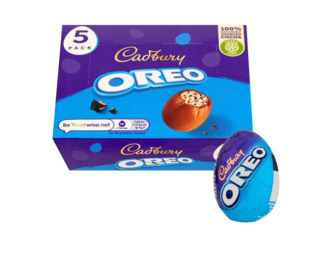 Five-pack of Cadbury Oreo chocolate eggs.