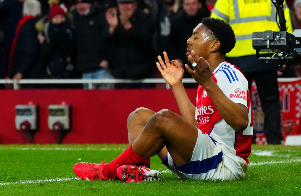 Myles Lewis-Skelly of Arsenal celebrates scoring a goal.