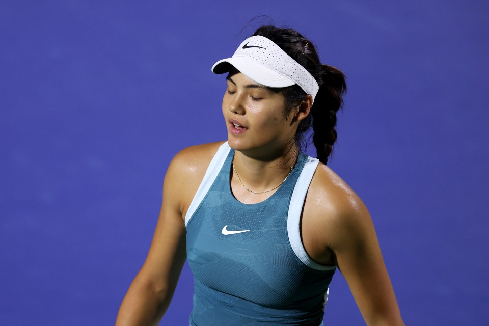 Emma Raducanu reacting during a tennis match.