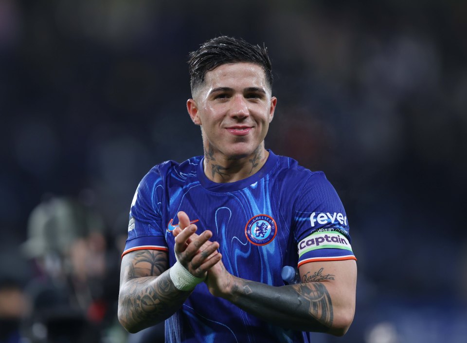 Enzo Fernandez of Chelsea applauding fans.