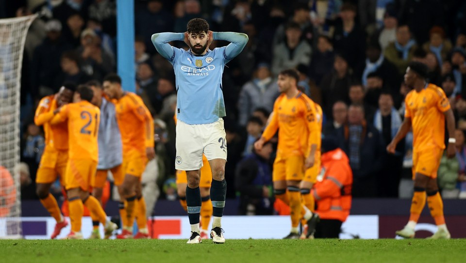 Josko Gvardiol of Manchester City reacting after Real Madrid scores.