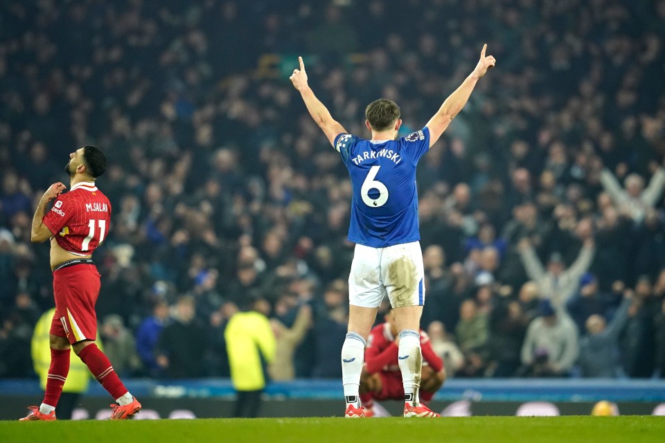 Everton's James Tarkowski celebrates during a soccer match.