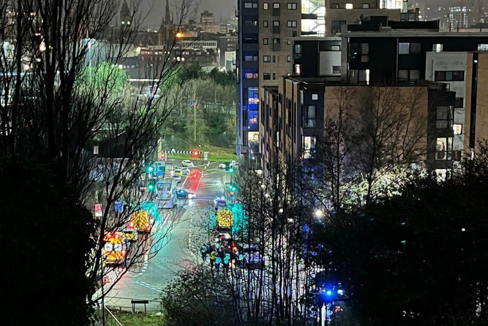 Nighttime view of emergency vehicles and apartment buildings following a reported incident.