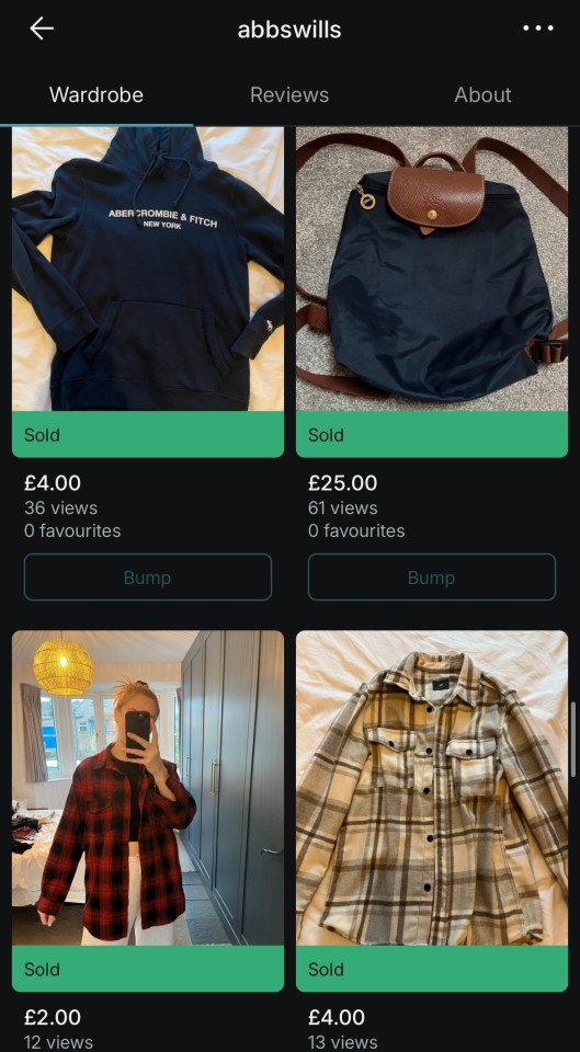 Vinted app showing sold items: hoodie, backpack, flannel shirt, and plaid shirt.