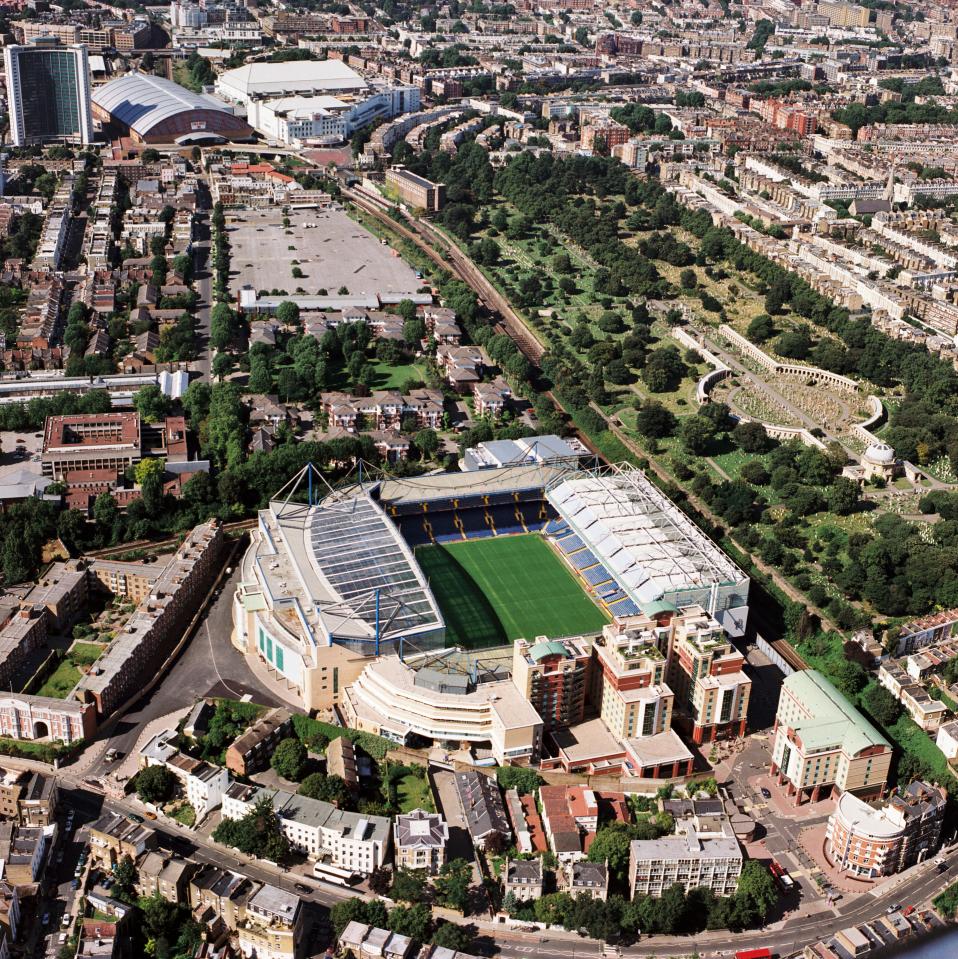 Aerial view of Stamford Bridge stadium in London.