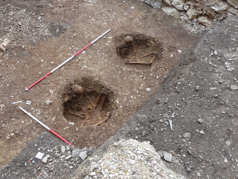 Two skeletons unearthed during an archaeological dig.