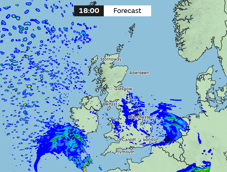 Met Office forecast map showing rainfall across Britain at 18:00.