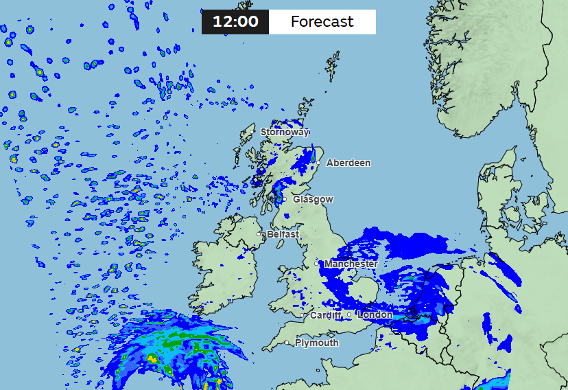 Met Office forecast map showing rainfall across the UK.