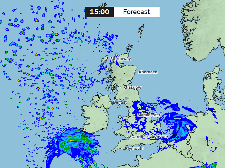 Met Office forecast map showing rainfall across the UK.