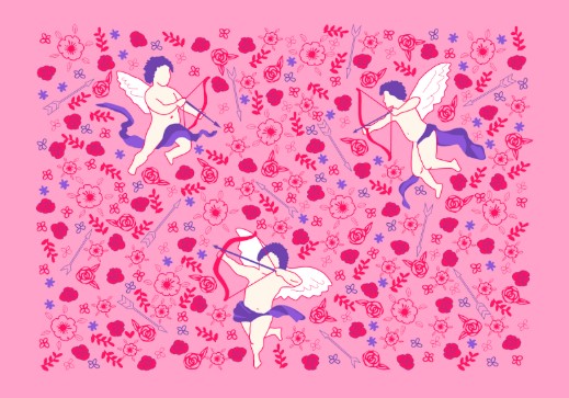 Illustration of three cupids aiming bows and arrows amidst flowers and hearts.