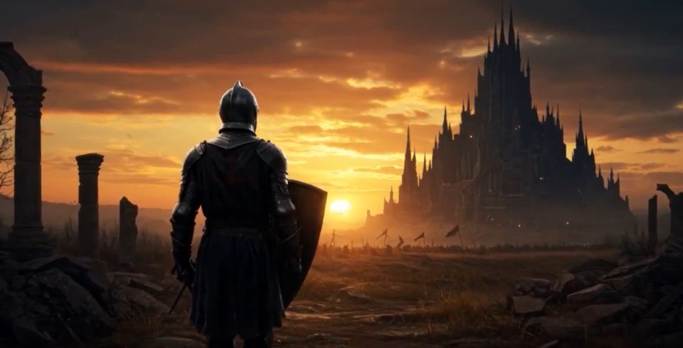 Illustration of a knight facing a large castle at sunset.