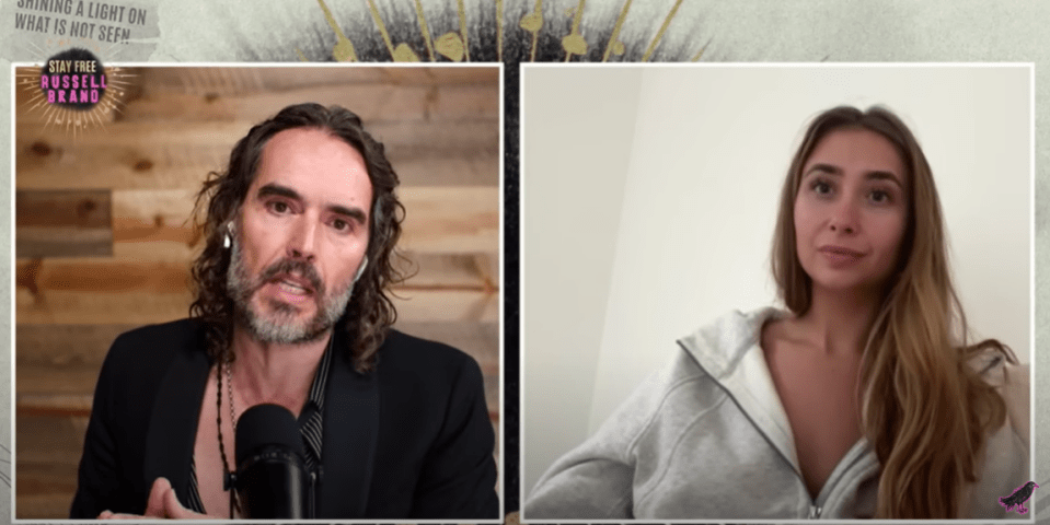 Russell Brand and Lily Phillips in a split-screen video interview.