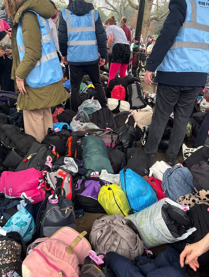 A large pile of bags and belongings left at a run.