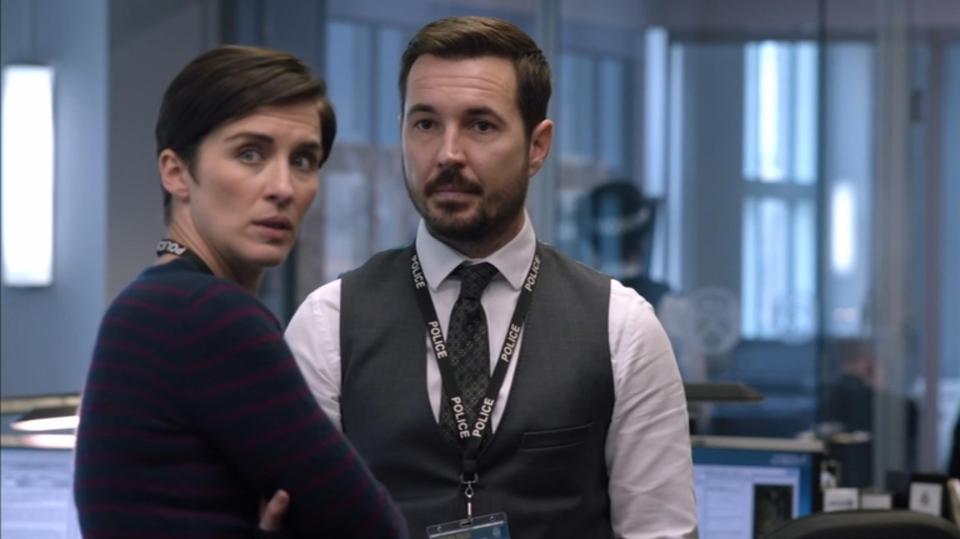 Still from Line of Duty showing Vicky McClure and Martin Compston.