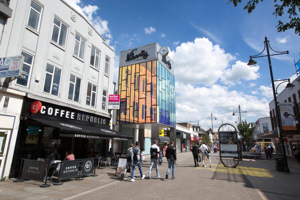 South Street in Romford, Essex, England, UK, showing shops and pedestrians.