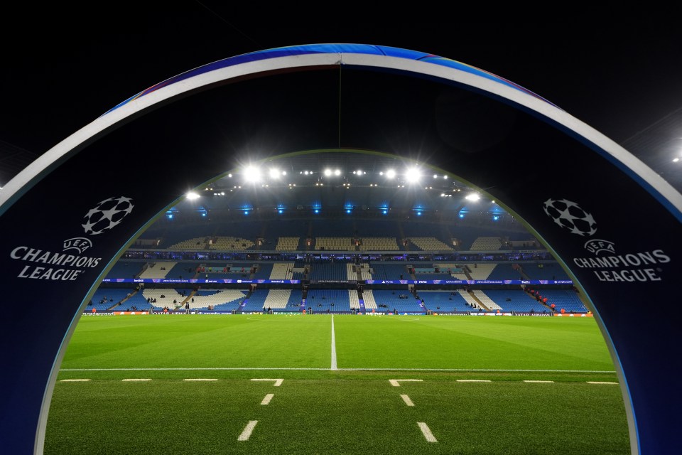 View of Etihad Stadium through Champions League archway.