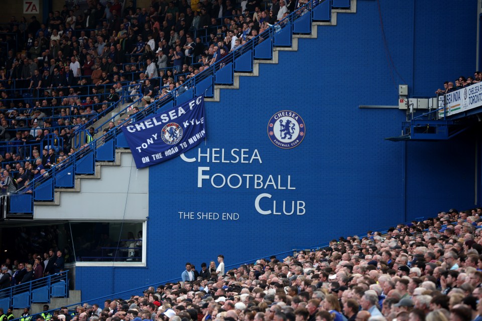 Chelsea Football Club fans in the Shed End at Stamford Bridge.