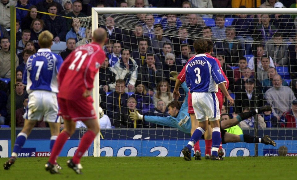 Photograph of a soccer game, the goalkeeper diving to try and stop a goal.