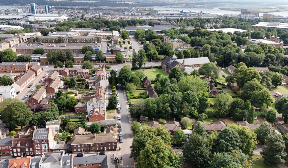 Aerial view of Gillingham, Kent, showing residential areas and Brompton Barracks.