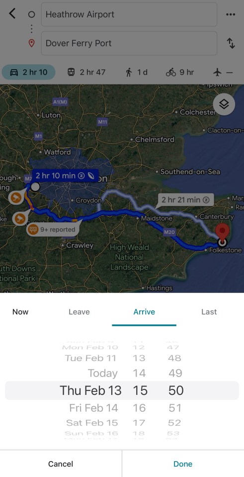 Google Maps directions from Heathrow Airport to Dover Ferry Port.