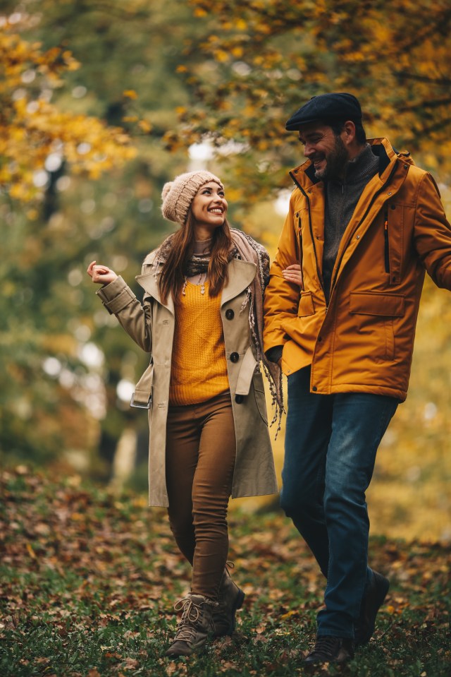 Happy couple holding hands and walking in an autumn forest.