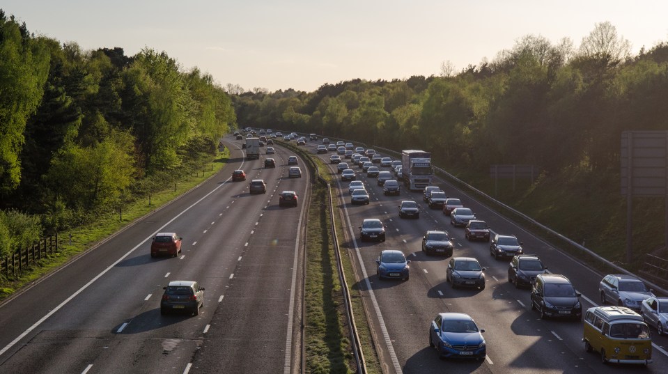 Heavy traffic on a multi-lane highway.